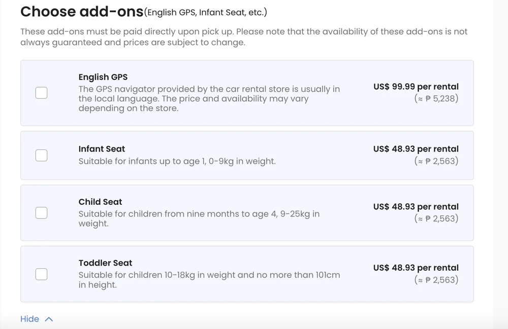 Klook car rental booking add-ons