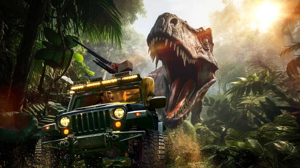 junglia okinawa - artist's rendition of the dinosaur attraction in junglia theme park 