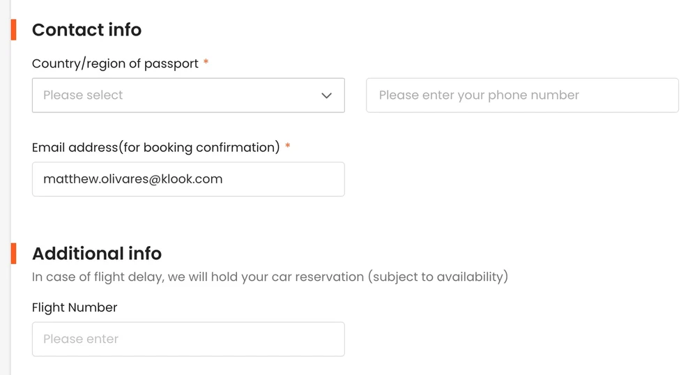 Klook car rental booking contact info and flight number